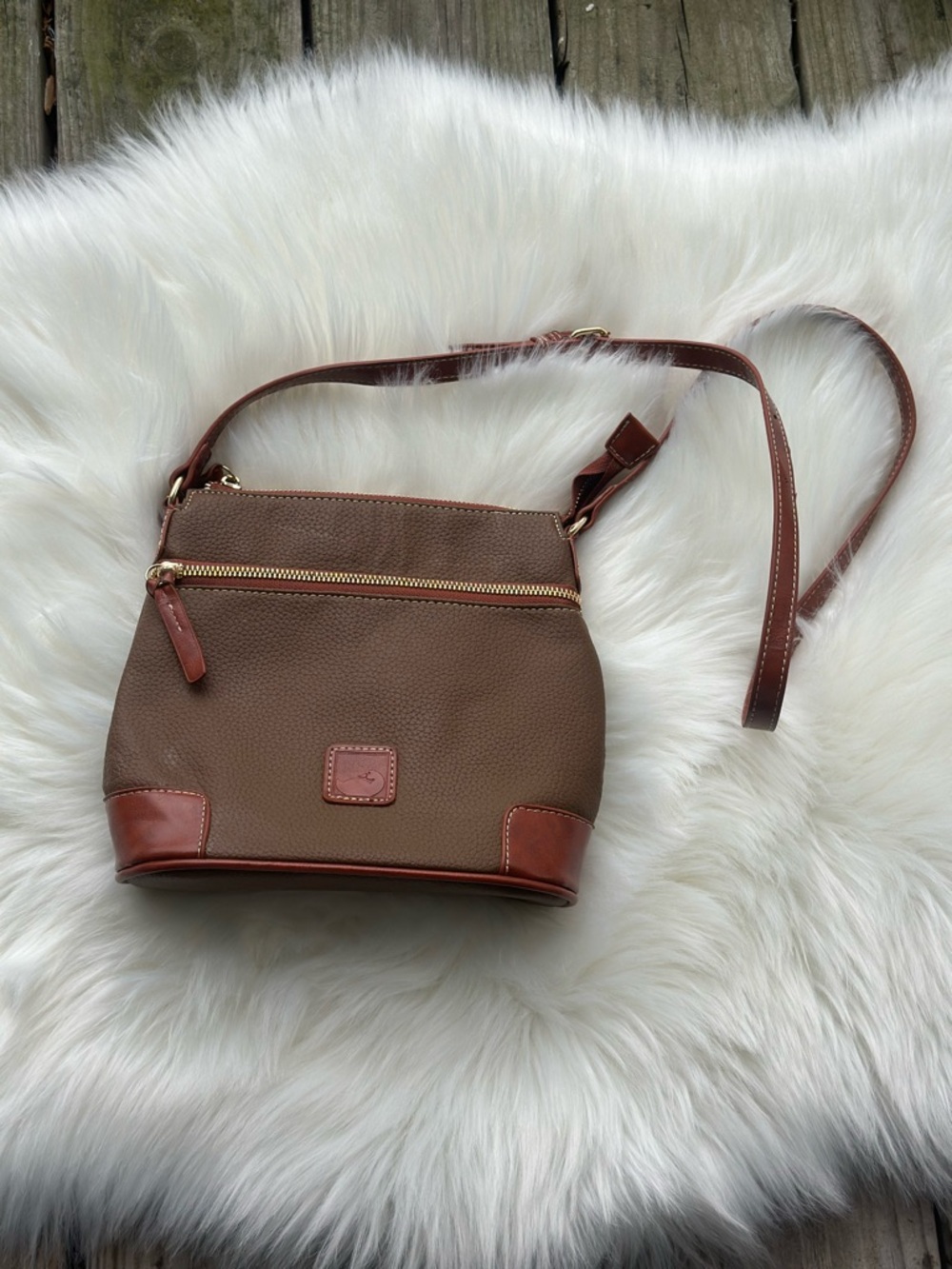 Dooney & Bourke Taupe Pebble Leather Crossbody with Brown Trim